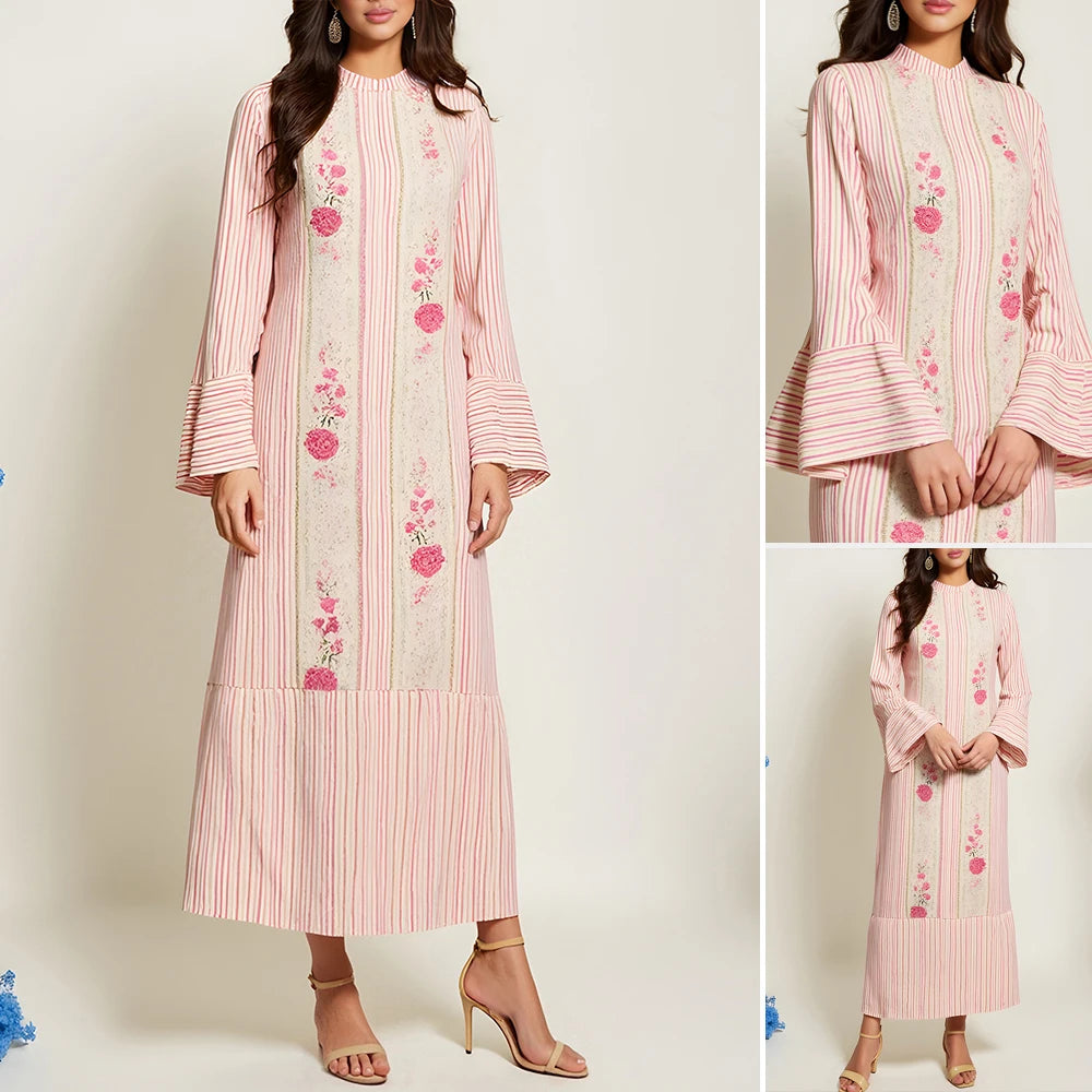 Rafiah Summer Long Arabian Dress 2025 Modest Fashion Stripes Floral Long Sleeve Crew Neck Midi Daily Shift Dresses