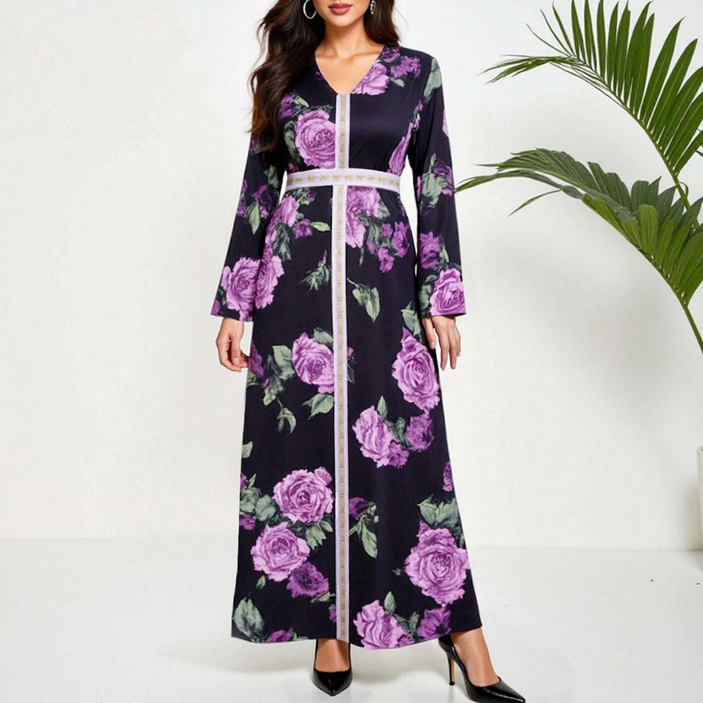 Rafiah Women's Dresses Summer Elegant Decent 2025 Ditsy Floral Long Sleeve V-Neck Midi A Line Casual Dresses