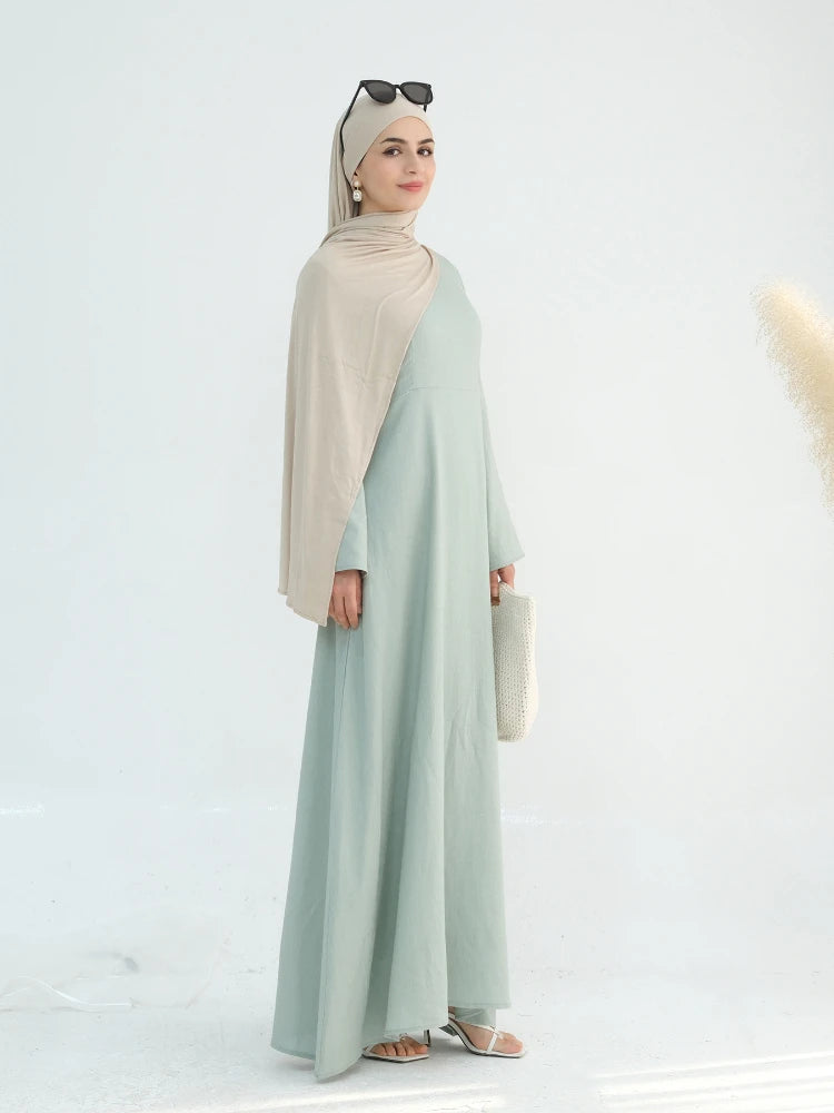 2025 Linen Pink Abaya Eid Ramadan Modest Maxi Dress Solid Color Robe Arabe Elegant Women Muslim Dresses Caftan Marocain Femme