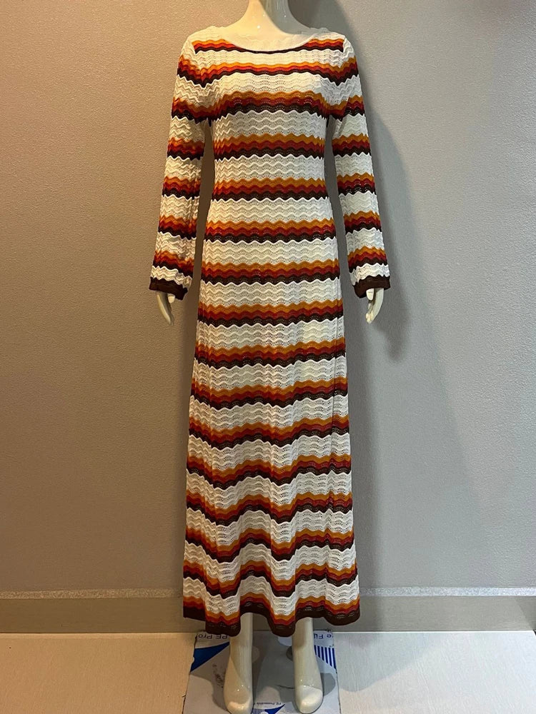 Tossy Striped Contrast Knit Maxi Dress Women Hollow Out Long Sleeve Cover up Summer Loose Ladies Dress High Waist Fashion Dress
