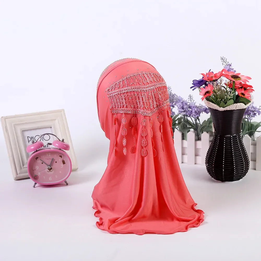 Amira-Muslim Girls Headwear with Diamond Tassel Islamic Prayer Headscarf Arab Soft Wrapped Scarf Plain Shawls Middle East