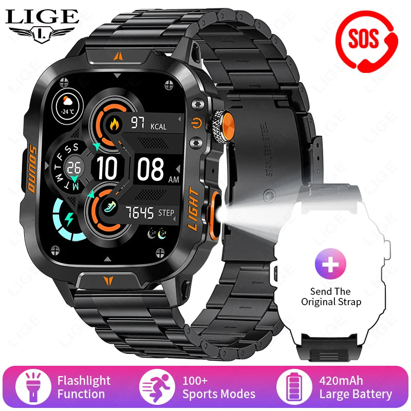LIGE Military Smart Watch Men 1.96" Screen 3ATM Waterproof Bracelet Bluetooth Call AI Voice Sport Smartwatch With LED Flashlight