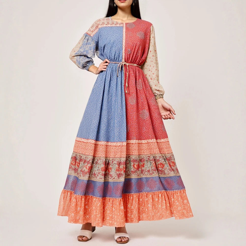 Rafiah Women's Dresses Summer Elegant 2025 Contrast Color Cultural Print Long Sleeve Round Neck A-Line Midi Vacation Long Dress