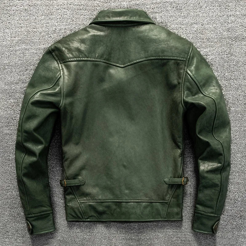 Cossack Green Fruit Leading Layer Mixed Sheepskin Leather Jacket Men's Slim Fit Leather Jacket Autumn and Winter Coat