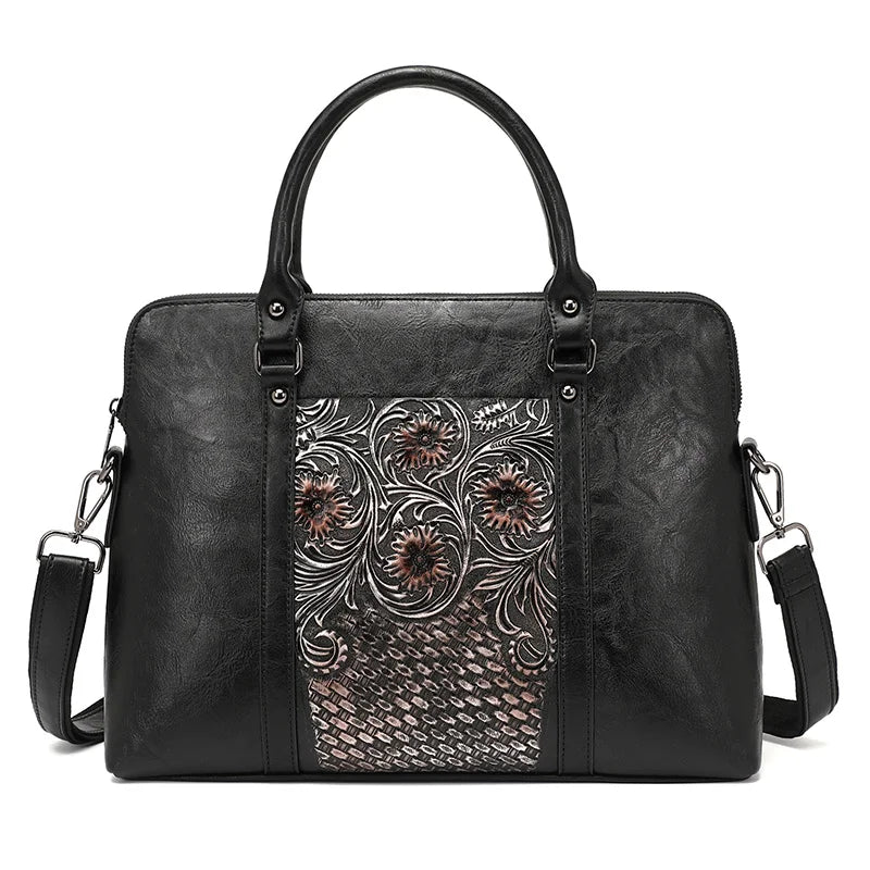 MOTAORA Women's Leather Handbag Large Capacity Vintage Shoulder Bags Female Retro Embossed Women Briefcase For 14 inch Laptop