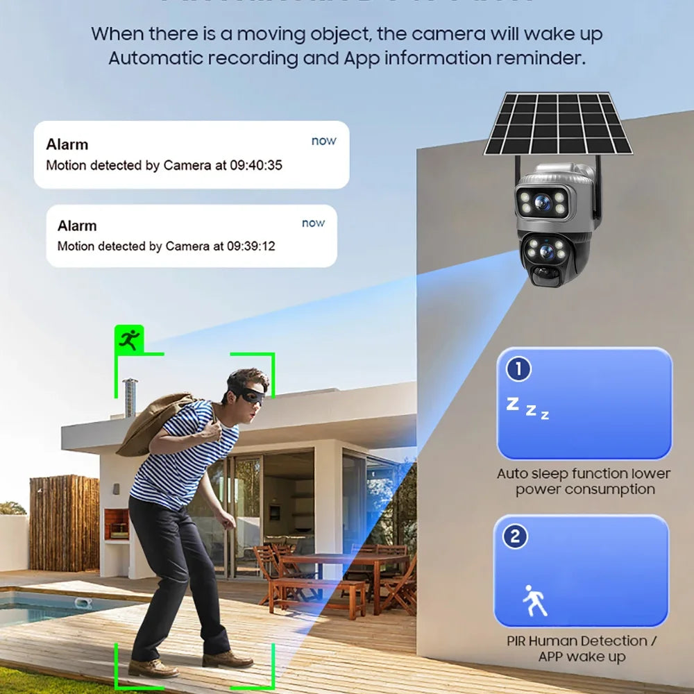 4G Solar Camera Outdoor Dual Lens PTZ Low Powered CCTV Video V380 Cameras PIR Motion Detect Security Protection Surveillance Cam