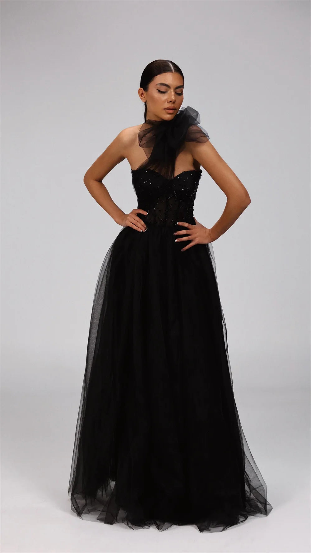 Mila One Shoulder Bow Ball Gown Tulle Evening Dresses Floor-Length Cut-out Party Dresses Empire Waist Customized Prom Dresses