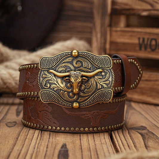 Men & Women-Western-Cowboy-PU Leather-Belts - Vintage horse Belt Floral Engraved Buckle Belt for Jeans