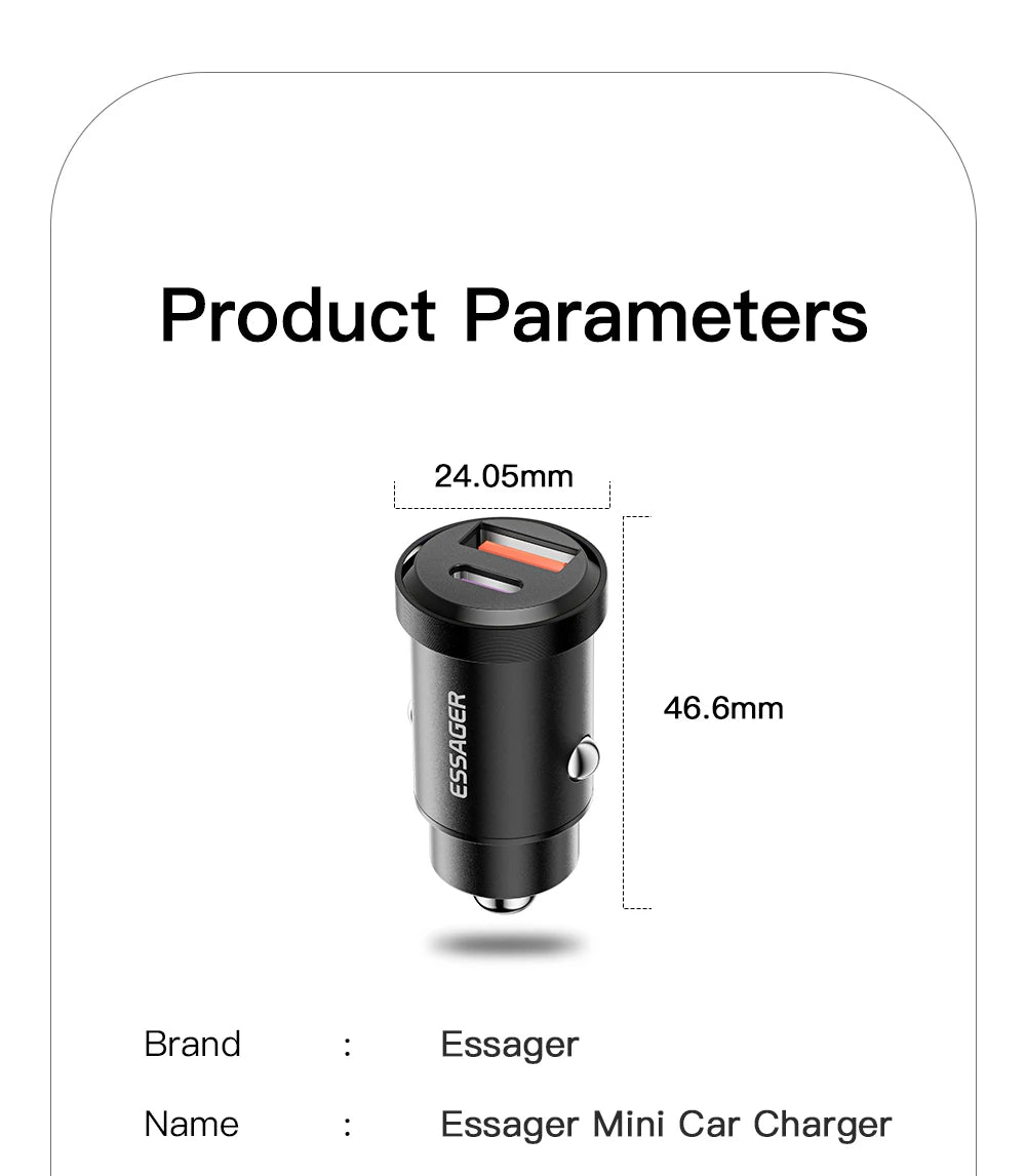 شاحن سيارة Essager USB 30 وات، شحن سريع 4.0، QC PD 3.0 SCP 5A، USB Type C، شحن سريع للسيارة، مناسب لأجهزة iPhone 14 13، Huawei، Samsung، Xiaomi