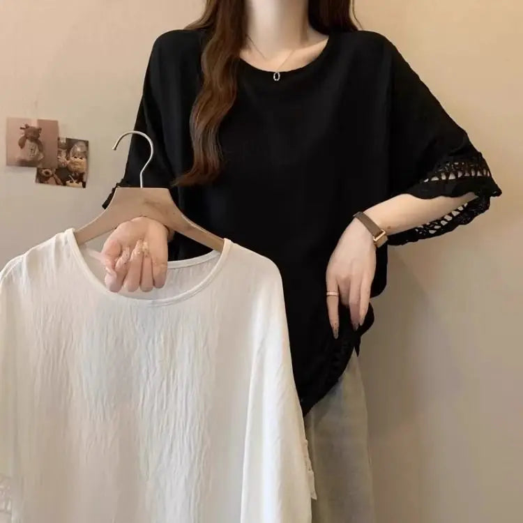 Lace Hollow out Texture ort Sve Women's T-irt Summer plus Size Conceals Belly Slimming Faionable Top Korean Sle