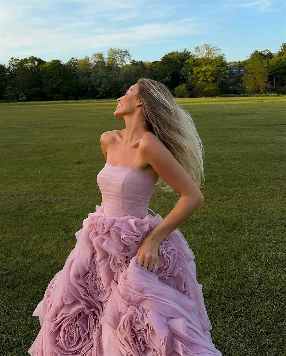 Mila Pink Strapless Boll Gown Prom Dress 3D Flower Tra-length New In Dresses Homecoming Tiered Ruffle Customized Evening Dresses
