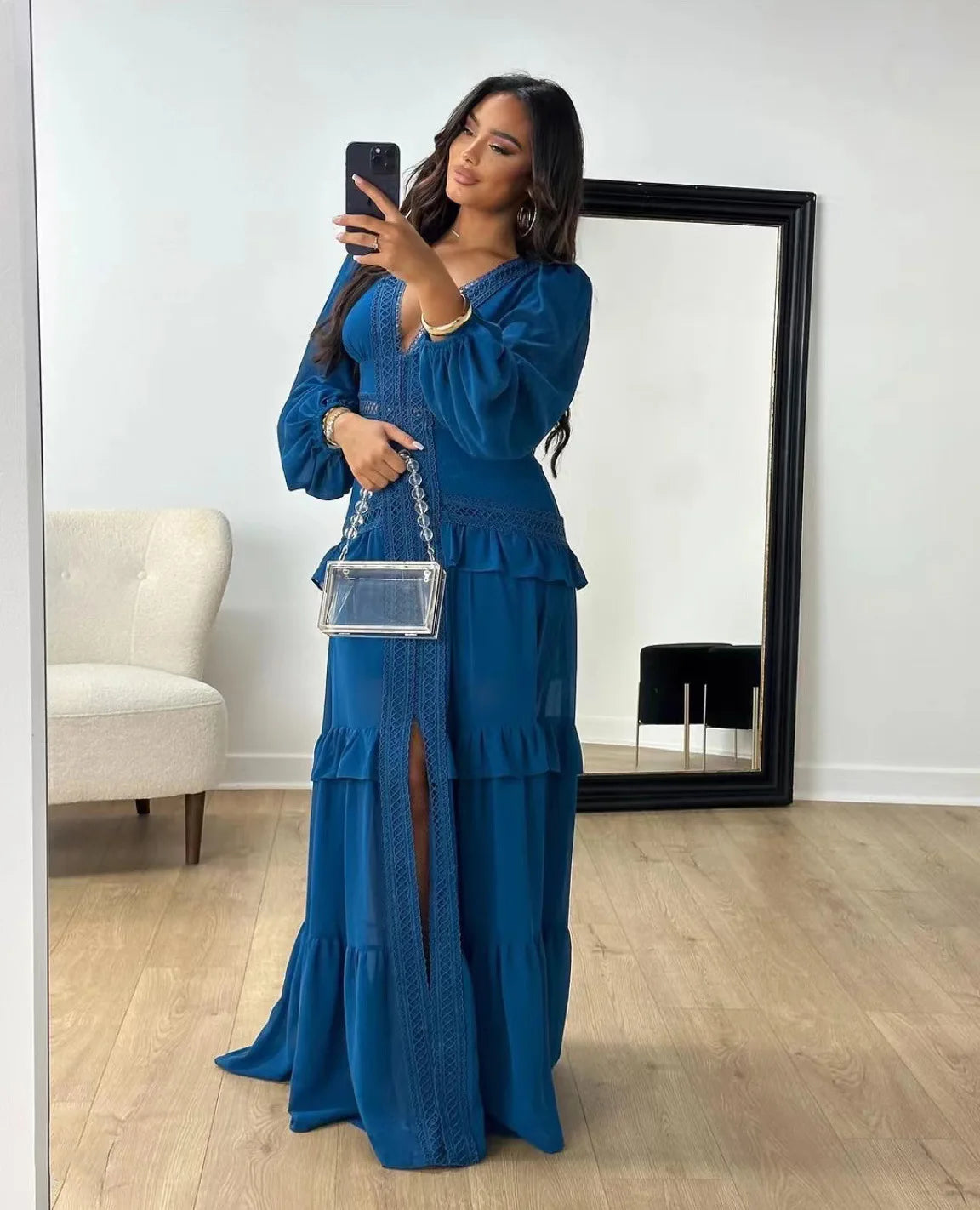 Maxi Dress Ruffles Long Sleeve Hollow Out Evening Dresses Party Chic Robe Green Blue Purple New In Holiday Summer