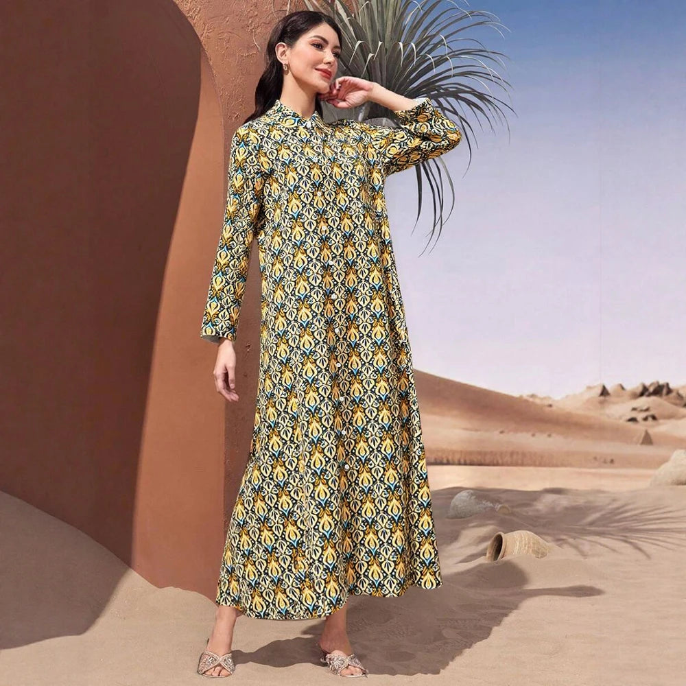 Rafiah Women's Summer Long Arabian Dress Traditional Cultural Full Print Long Sleeve V-Neck Midi A-Line Shift Dresses