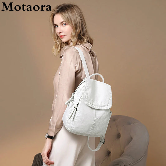 Motaora Women's Backpack White Washed Leather Backpack Female Small School Bags For Teenage Girls All-match Casual Travel Bag