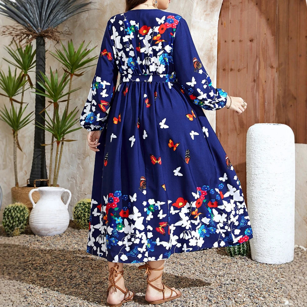 Plus Size Rafiah Women's Summer Long Dress 2025 Elegant Round-Neck Long Sleeve A-Line Maxi Butterfly Print Dating Dress