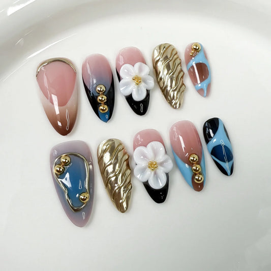 Handmade Short Press on Nails with Charms 3D Rhinestone Almond Reusable False Nails with Design Acrylic Fake Nail for Girls
