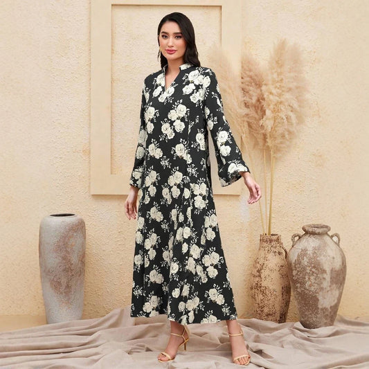 Rafiah Women's Long Dresses Summer Elegant 2025 Full Print Floral Long Sleeve Shirt Collar A-Line Midi Vacation Dresses