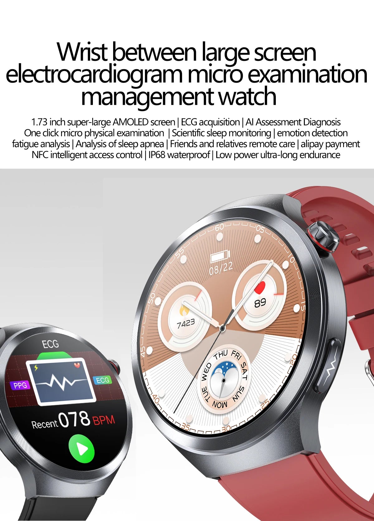 LIGE 2025 Men's ECG Smart Watch 1.73” AMOLED Screen Emotional Fatigue Monitoring NFC Access Control Fitness Tracker Watch