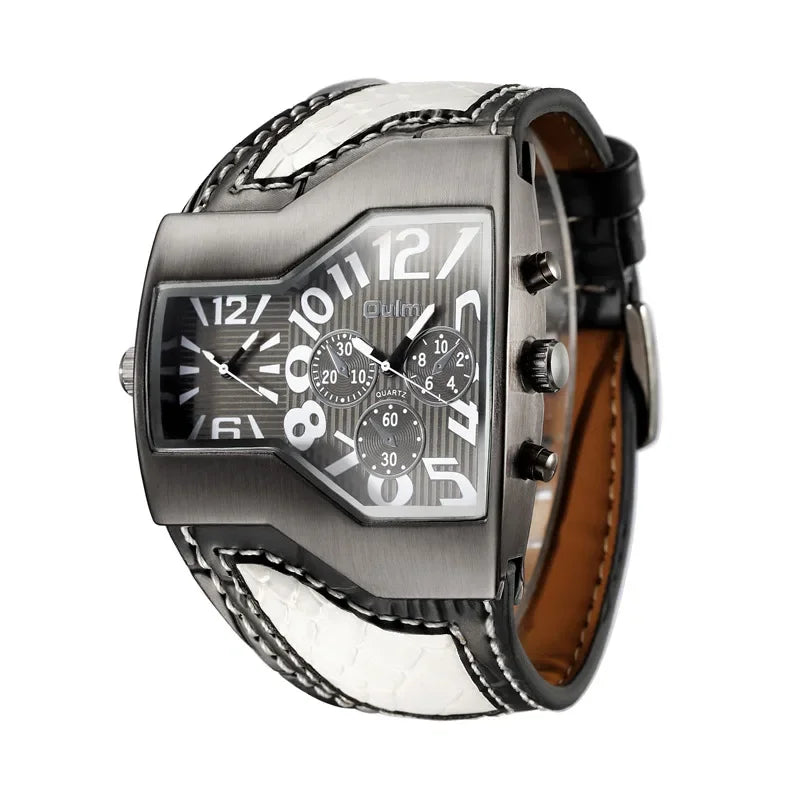 Oulm 1220 Luxury Brand Watch Retro Design Male Sport Wristwatch Leather Strap Watches Men's Two Time Zone Big Dial Quartz Clock