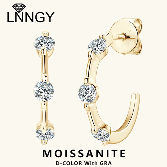 Lnngy Certified 3mm Moissanite Earrings for Women 925 Sterling Silver Unique C-shaped Stud Earring Classic Fine Jewelry Gifts