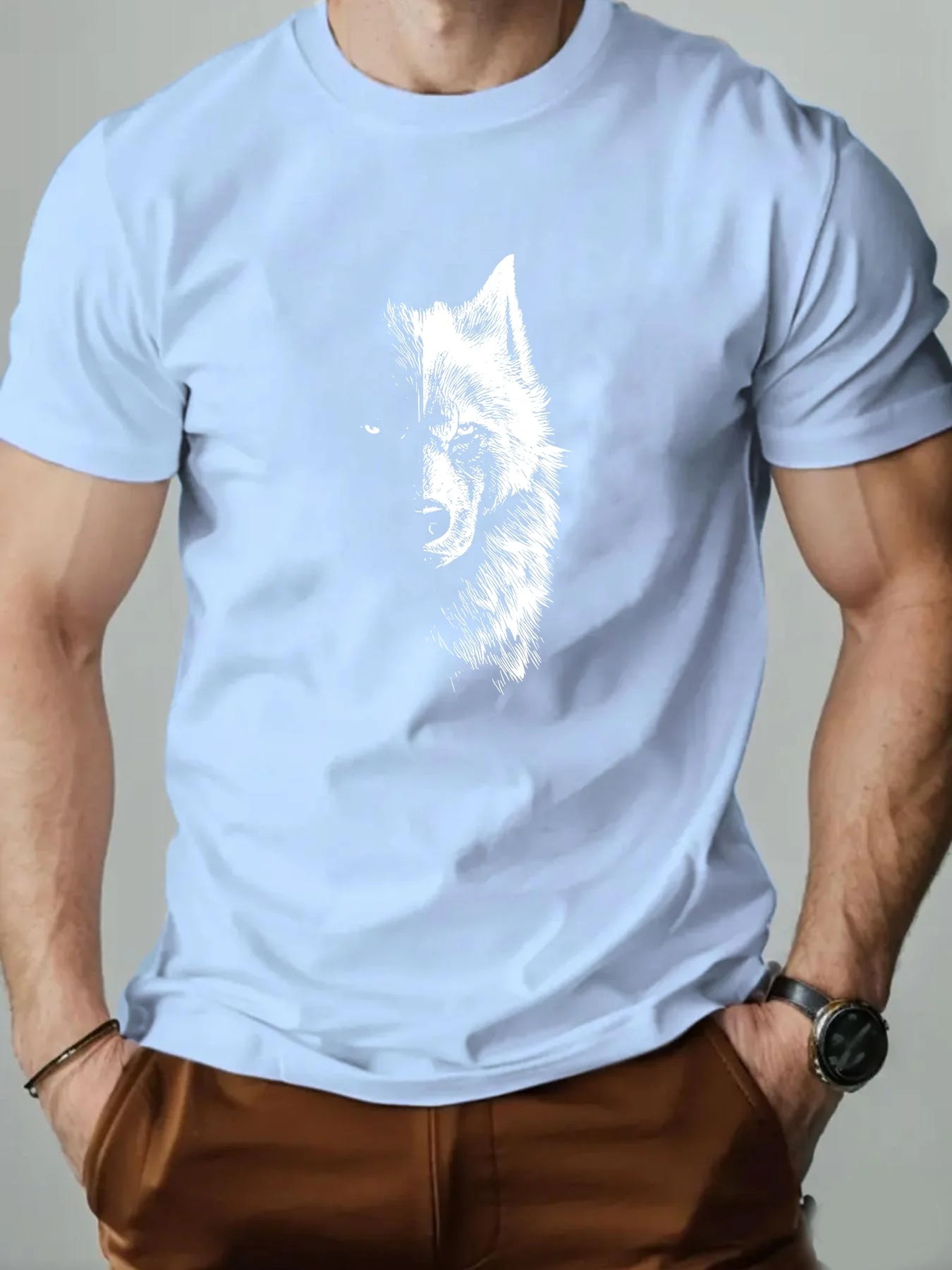 🐺 Men’s Summer 100% Cotton Casual T-Shirt,Half Wolf Pattern Print | Loose Fit | Round Neck | Breathable Comfort