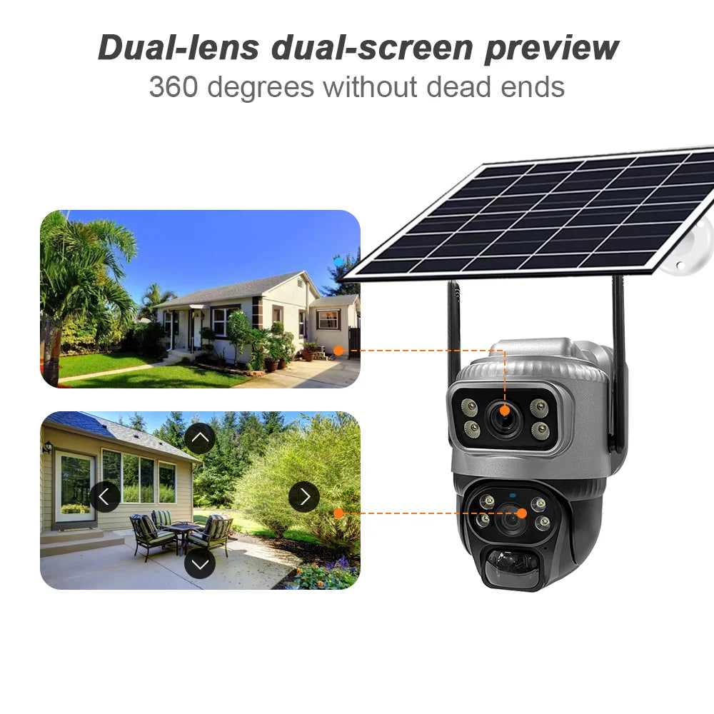 4G Solar Camera Outdoor Dual Lens PTZ Low Powered CCTV Video V380 Cameras PIR Motion Detect Security Protection Surveillance Cam
