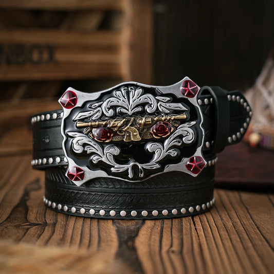 Men - Women - Western Denim - pu leather - Belt - Vintage jeans with floral carved buckle belt