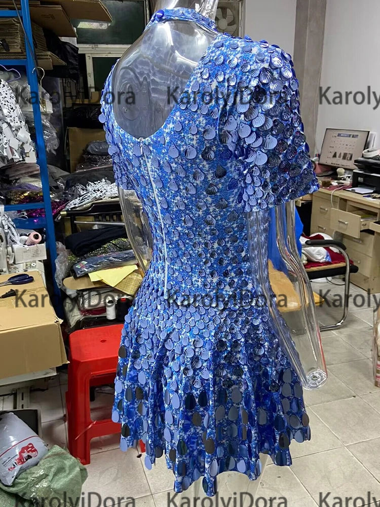 Sexy Black Shell Sequins Mini Dress Nightclub Dance High Quality Performance Clothing Bodysuit Birthday Red Dresses