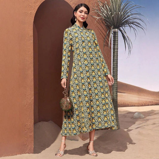 Rafiah Women's Summer Long Arabian Dress Traditional Cultural Full Print Long Sleeve V-Neck Midi A-Line Shift Dresses