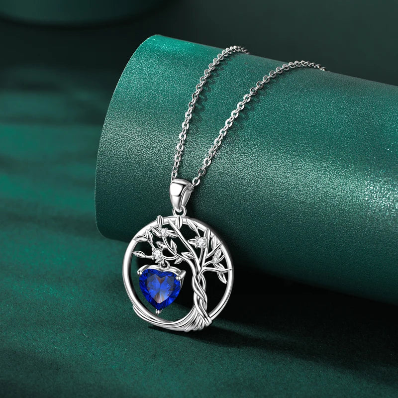 Lnngy 925 Sterling Silver Tree of Life Circle Pendant Necklace Colorful Birthday Stone Necklaces Jewelry for Women Daily Gift