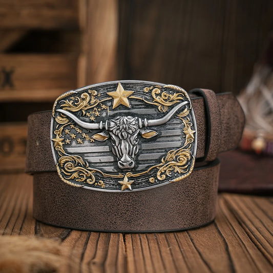 Men - Women - Western Denim - pu leather - Belt - Vintage jeans with floral carved buckle belt