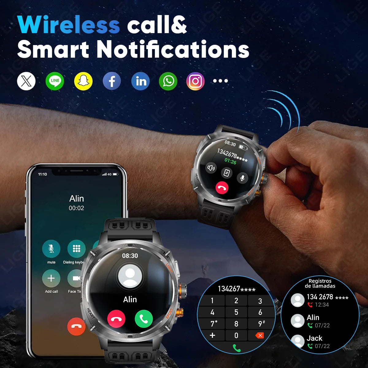 LIGE Rugged Military 1.75-inch AMOLED Screen Smart Watch With LED Flashlight 800mAh Battery Bluetooth Call Smart Watch Men Gift