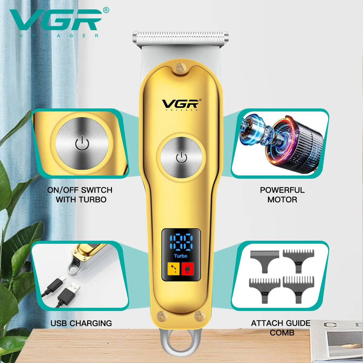 ماكينة قص الشعر VGR ماكينة قص الشعر الصغيرة ماكينة قص اللحية الاحترافية اللاسلكية القابلة لإعادة الشحن ماكينة قص الشعر بدون شفرة على شكل حرف T V-290