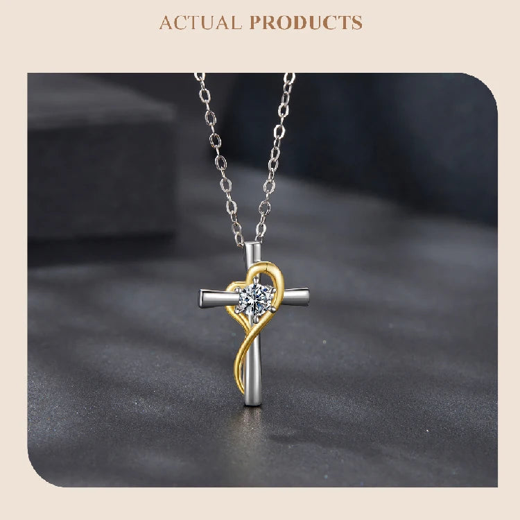 BAMOER Moissanite Cross Necklace Two-tones Gold Plated Pendant Necklace for Women 925 Sterling Silver Faith Jewelry