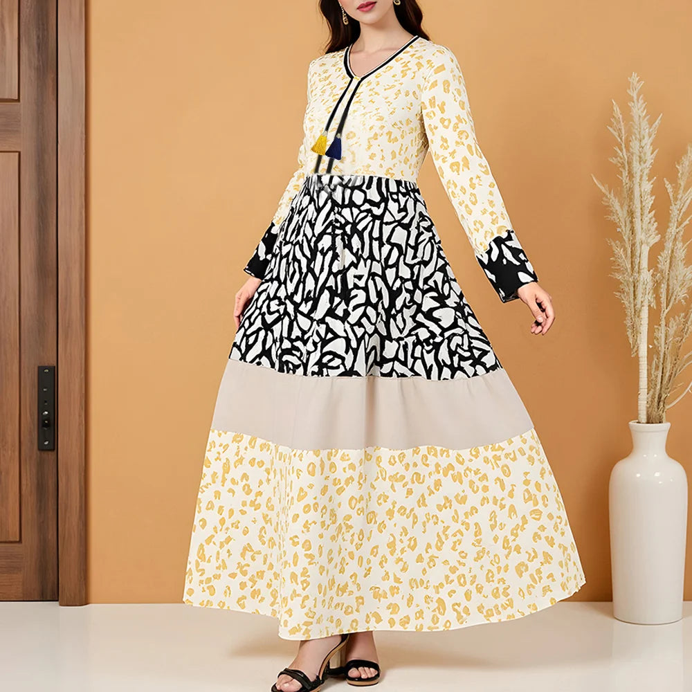 Rafiah Autumn Arabian Long Dress 2025 Modest Fashion Patchwork Long Sleeve V-Neck Midi A-Line Casual Dress For Women