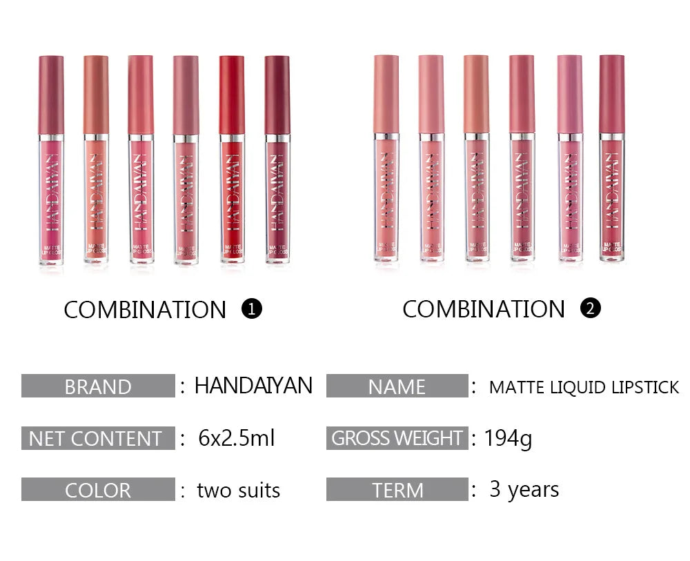 HANDAIYAN 6 Shade Lipstick Set Matte Finish Liquid Lip Gloss Waterproof Long Lasting No Smudge Vegan Beauty