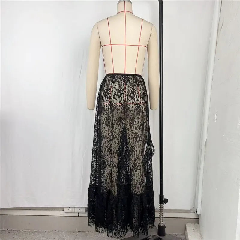 Shestyle Lace Transparent Long Skirts for Women Asymmetrical Floral Ruffles Summer 2025 Nre Stylish Outfits Holiday Slit Elegant