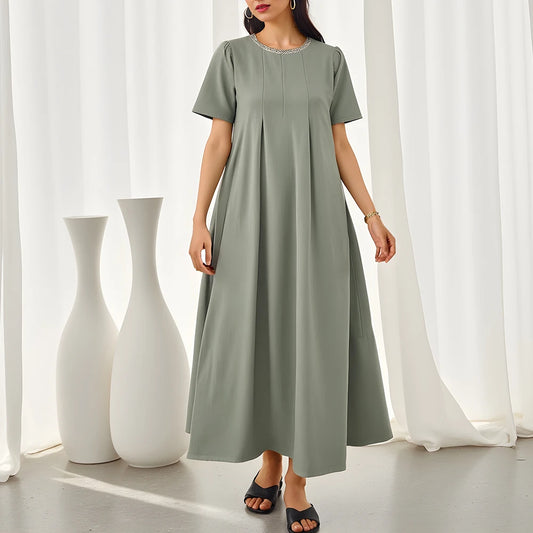 Rafiah Women's Dresses Summer Comfortable Elegant 2025 Plain Minimalism Short Sleeve Round Neck A-Line Midi Vacation Dresses