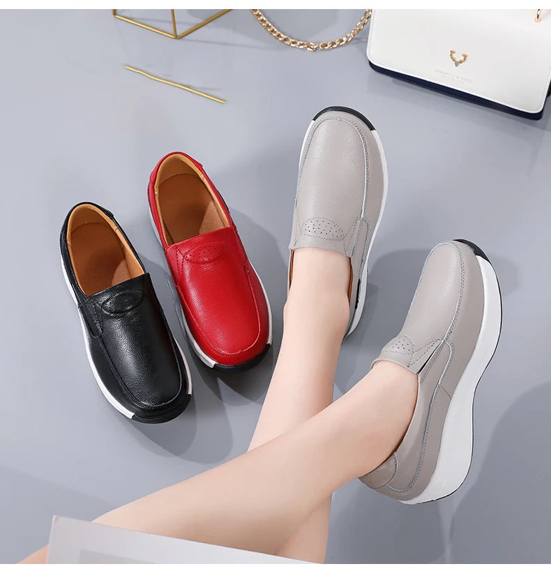 Women’s Genuine Leather Platform Loafers – Orthopedic Slip-On Casual Flats
