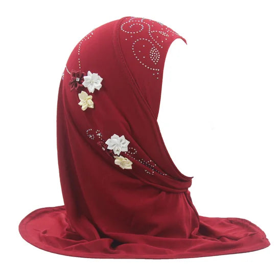 Islamic Turban for Children Arab Headwraps Arab Shawl Ramadan Eid Muslim Girls Diamonds Flowers Hijab Headband 2-6 Years