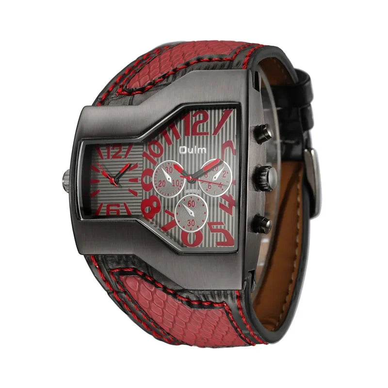 Oulm 1220 Luxury Brand Watch Retro Design Male Sport Wristwatch Leather Strap Watches Men's Two Time Zone Big Dial Quartz Clock