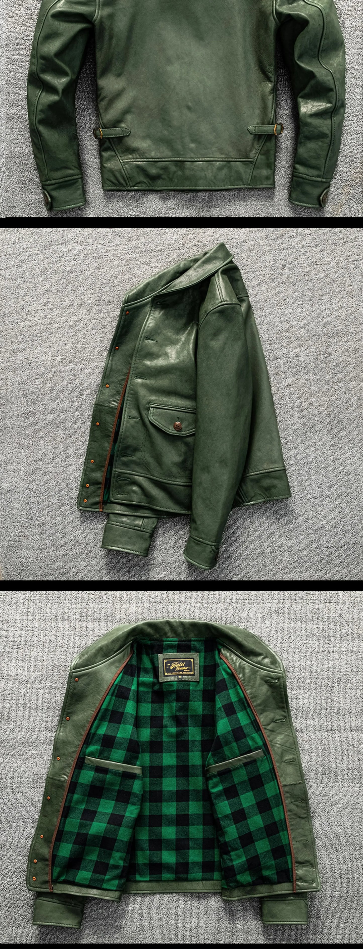 Cossack Green Fruit Leading Layer Mixed Sheepskin Leather Jacket Men's Slim Fit Leather Jacket Autumn and Winter Coat