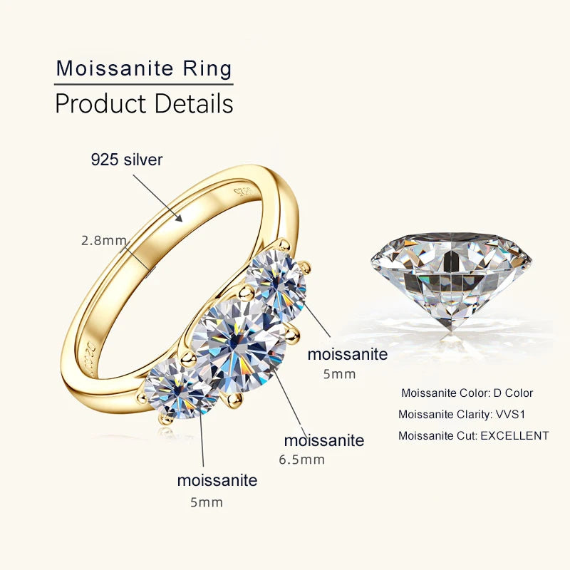 Lnngy Certified GRA Three Stone Moissanite Necklace Ring 925 Sterling Silver Jewelry Set For Women Wedding Engagement Rings Gift