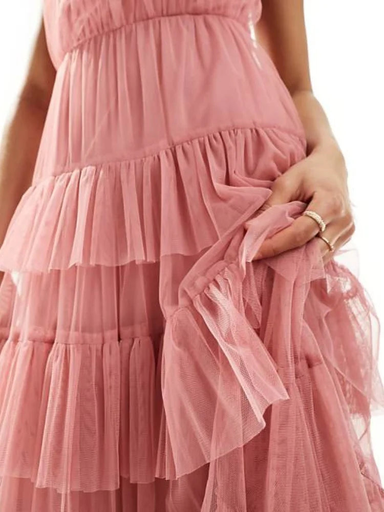 Mila Halter Neck Cascading Ruffle Prom Dresses 2025 Sleeveless Tulle Evening Dresses Floor-Length Customized Pink Party Dresses