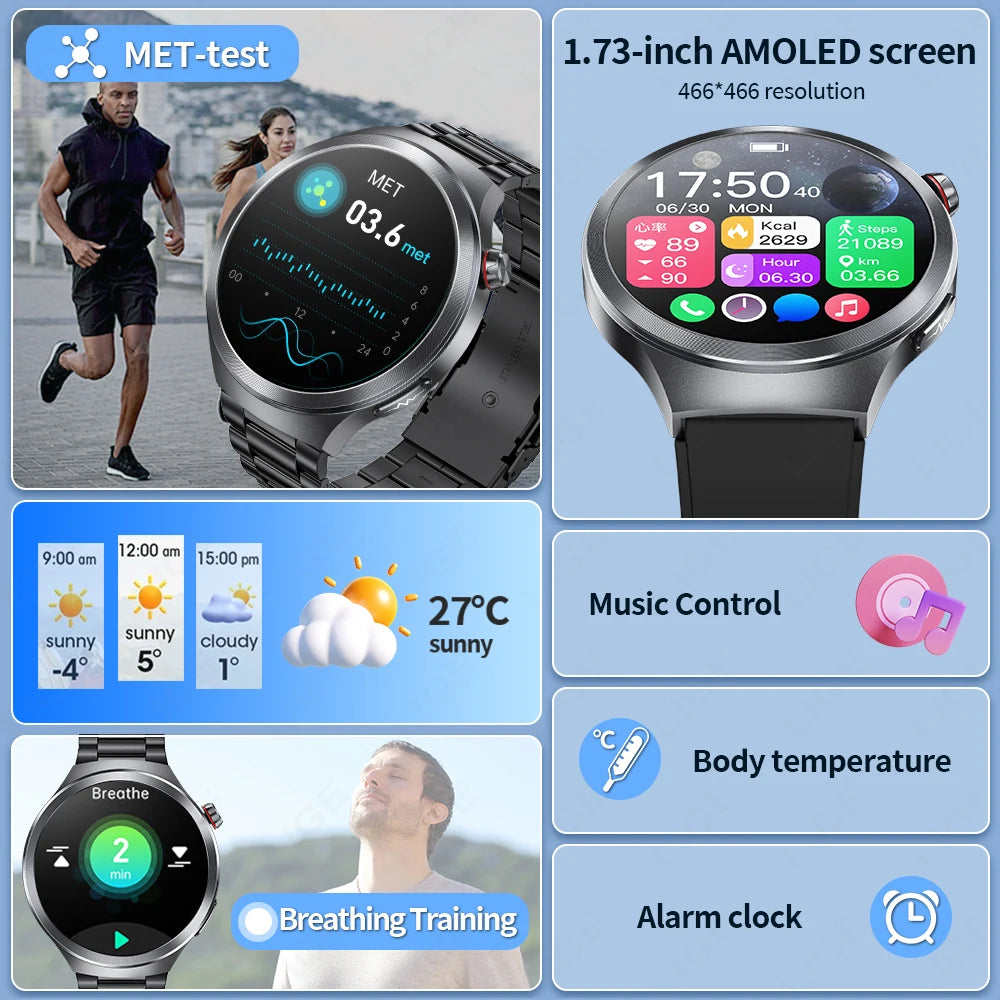 LIGE 2025 Men's ECG Smart Watch 1.73” AMOLED Screen Emotional Fatigue Monitoring NFC Access Control Fitness Tracker Watch