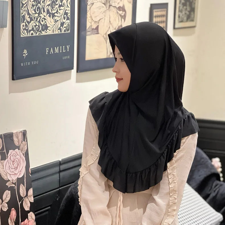 Muslim Hijab for Women Ruffle Turban Islamic Headwraps Arab Headband Big Khimar One Piece Scarf Shawl Solid Color