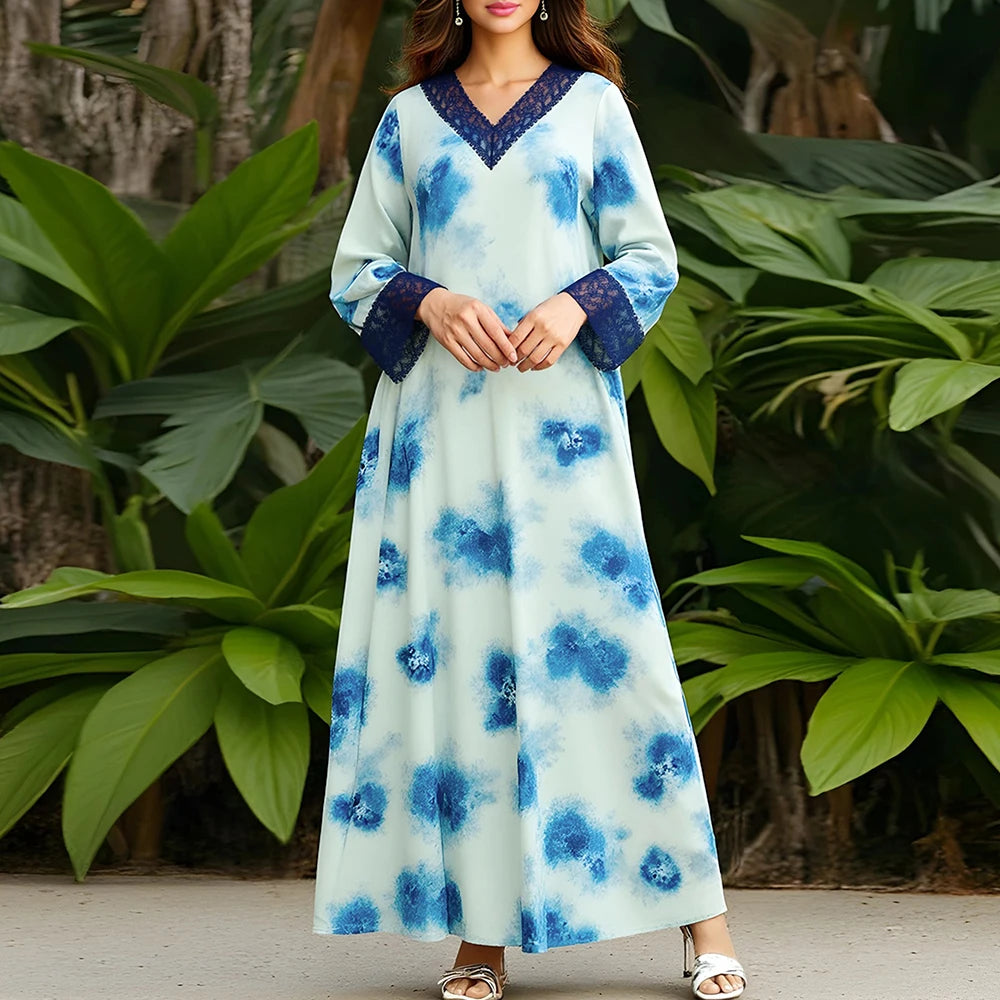 Rafiah Summer Long Dress 2025 Arabian Dress Fashion Contrast Color Lace Long Sleeve V-Neck Midi A-Line Casual Dresses For Women