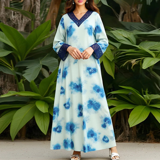 Rafiah Summer Long Dress 2025 Arabian Dress Fashion Contrast Color Lace Long Sleeve V-Neck Midi A-Line Casual Dresses For Women