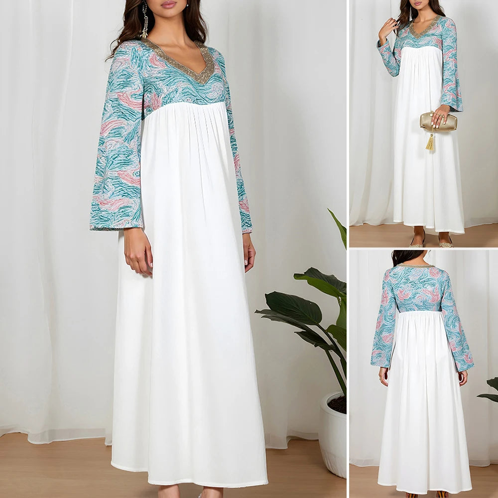 Rafiah Women's Dresses Summer Comfortable Elegant 2025 Decent Long Sleeve V-Neck A-Line Midi Vacation Long Dresses