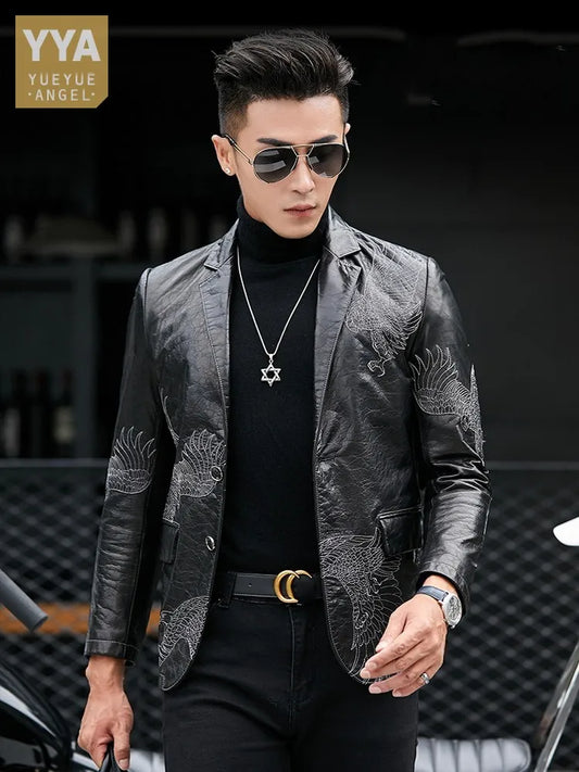 Business Men Fashion Eagle Embroidery Blazer Jacket Slim Fit Work Suit Coat Spring Autumn Natural Cowhide Genuine Leather Jacket